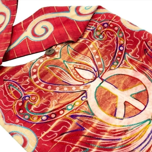 Bohemian Red Hobo Bag with Peace Design - Picture 3 of 4
